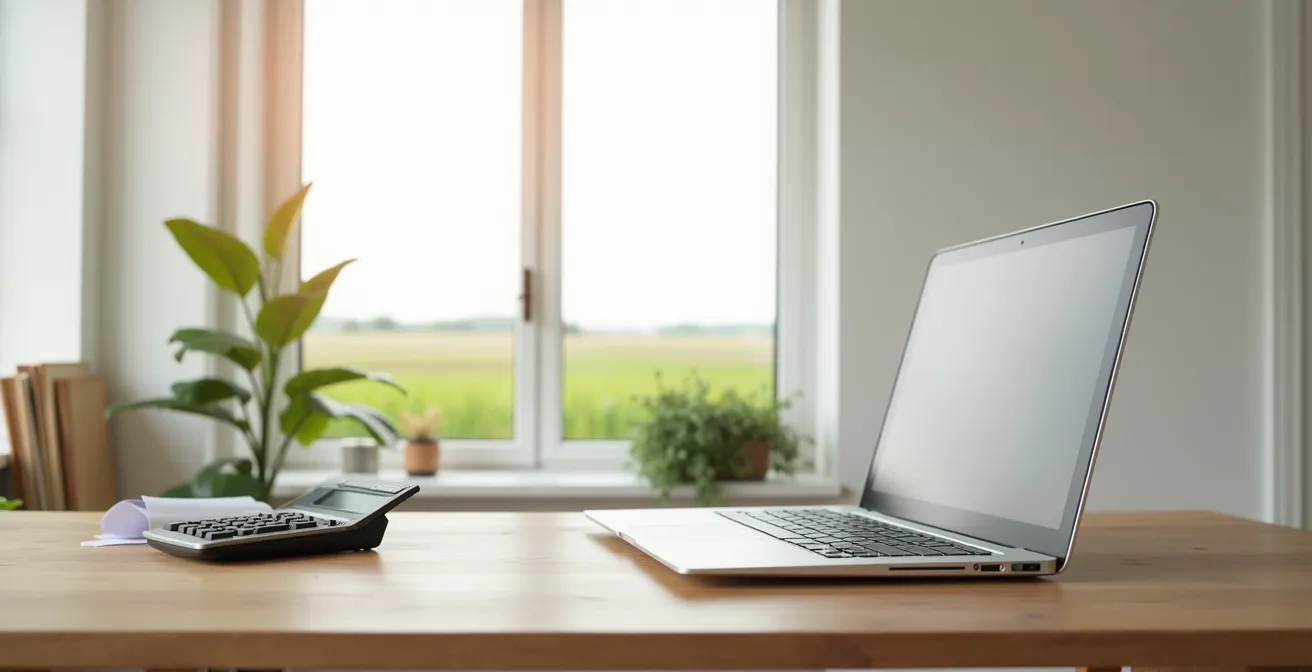 Vue d'ensemble d'un bureau agricole moderne avec différents appareils connectés en réseau