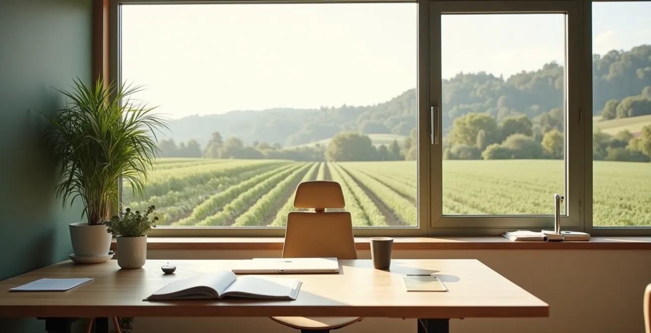 Bureau moderne dans une ferme avec vue sur les champs cultivés