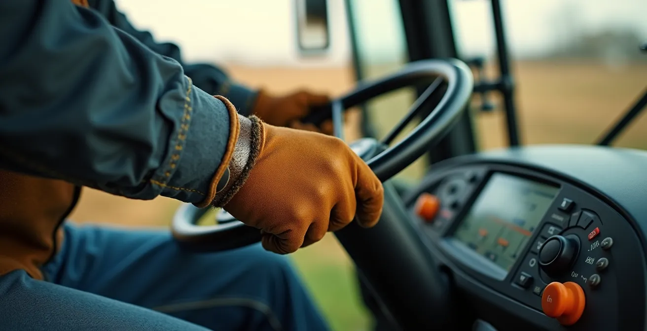 Gros plan sur la main d'un agriculteur manipulant des commandes dans une cabine de tracteur avec capteurs GPS