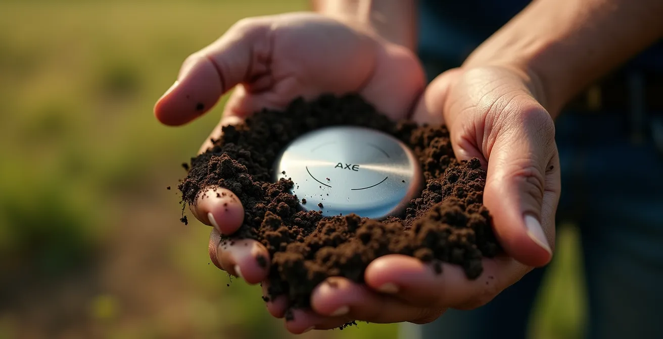 Gros plan sur les mains d'un agriculteur tenant de la terre avec un capteur connecté