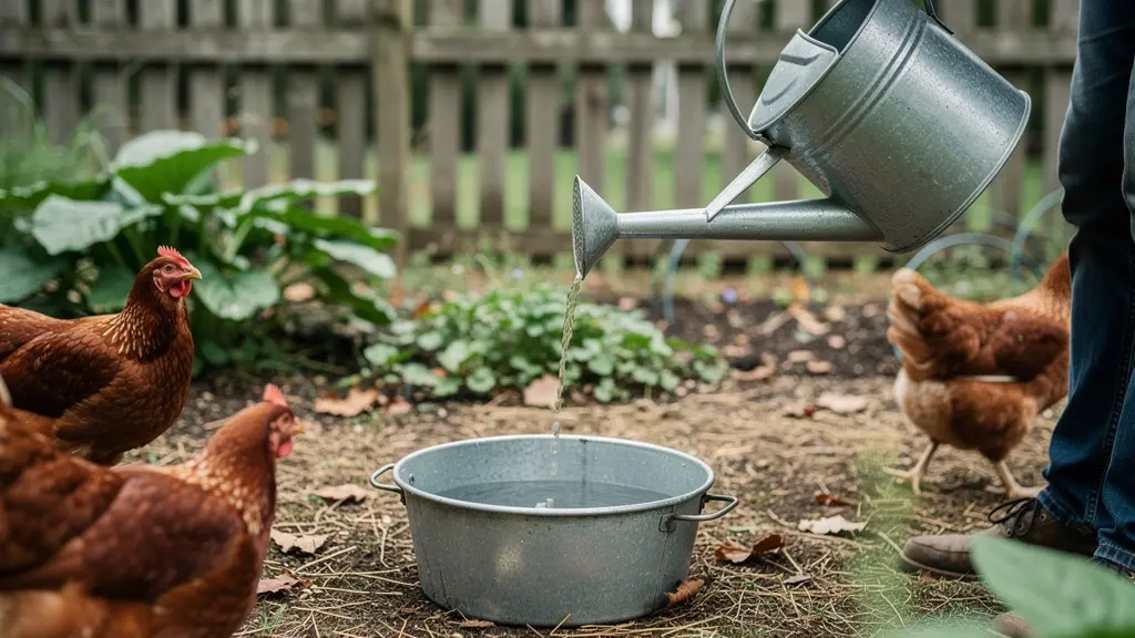 Éleveur remplissant un abreuvoir siphoïde dans un enclos à poules