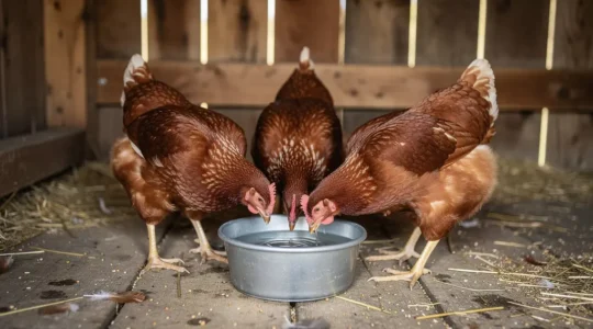 Poules rousses buvant à un abreuvoir galvanisé dans un poulailler rustique