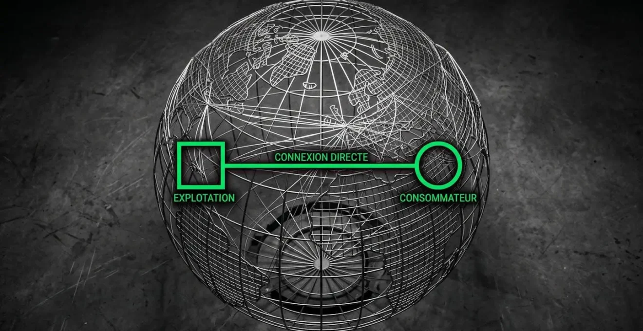 Concept visuel comparant la complexité logistique mondiale et la simplicité d'un circuit court.