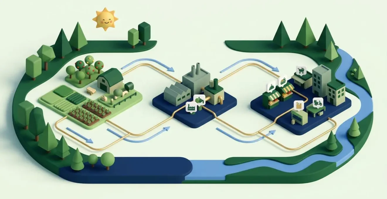 Illustration isométrique d'une filière agroalimentaire territoriale durable reliant exploitation agricole, transformation et distribution.