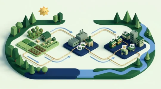 Illustration isométrique d'une filière agroalimentaire territoriale durable reliant exploitation agricole, transformation et distribution.