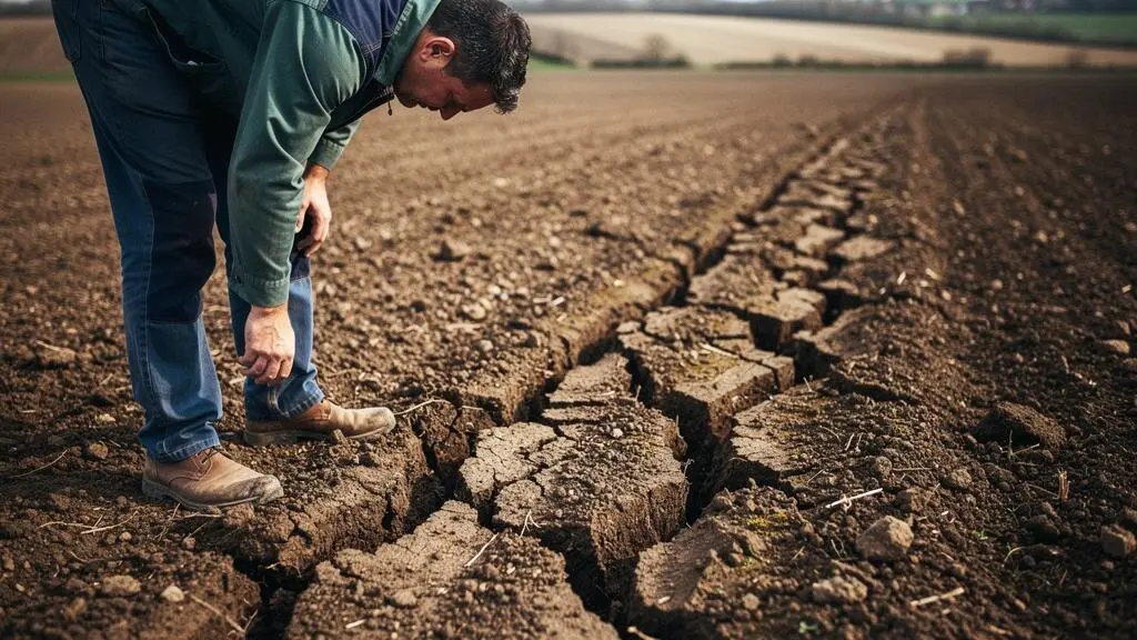 Agriculteur observant la structure du sol fissuré après un passage de décompacteur