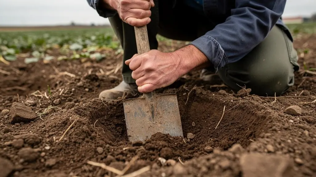 Agriculteur réalisant un test à la bêche dans le sol pour détecter une semelle de compactage