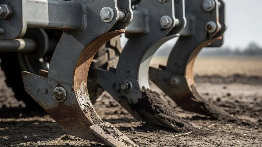 Vue détaillée des dents courbées en acier d'un décompacteur agricole montrant leur géométrie de travail