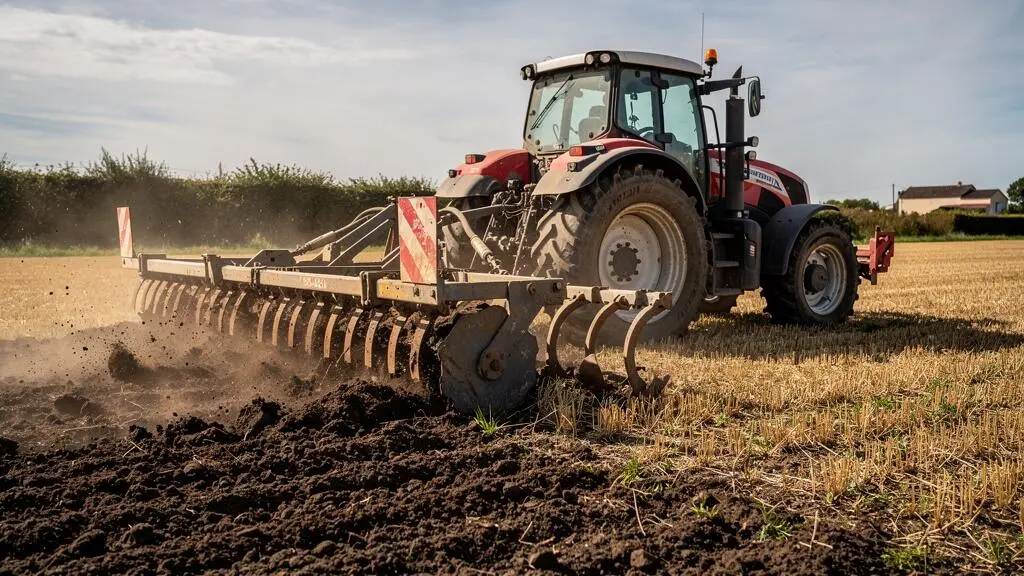 Tracteur agricole tirant un décompacteur à dents dans un champ après récolte en France