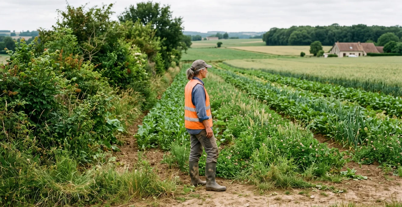 Agriculteur observant une parcelle et des pratiques agricoles liées à la transition bas-carbone