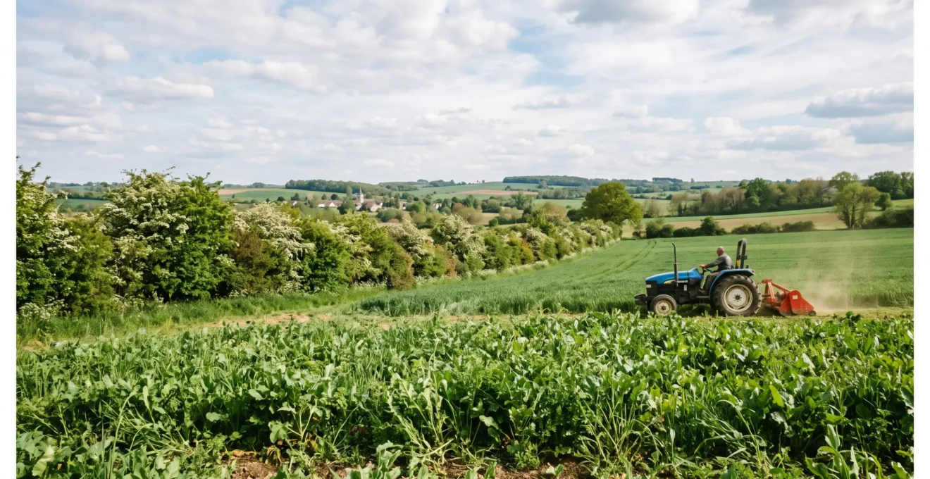 Parcelle agricole avec couvert végétal, haie et gestion raisonnée des pratiques